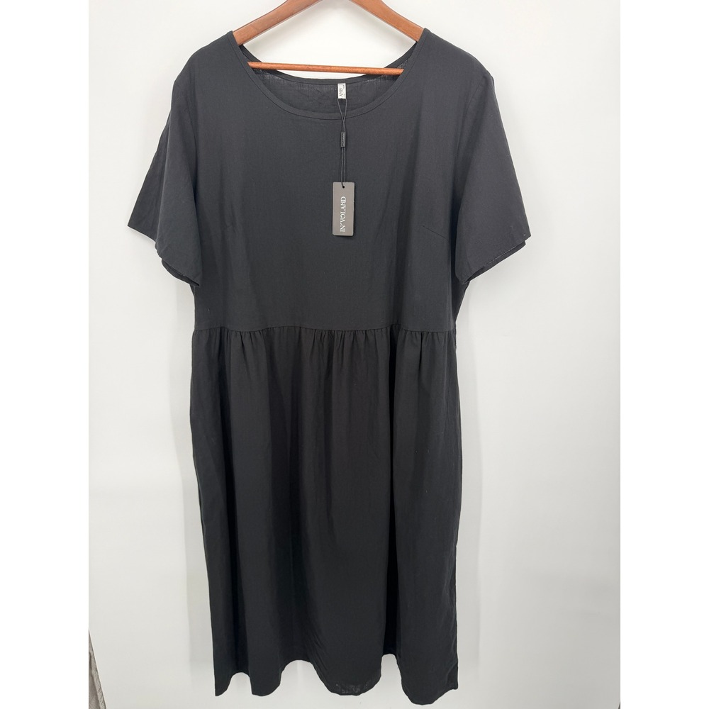 IN'VOLAND Midi Dress Women 16W Black NEW Cotton Short Sleeve Smock Relaxed
